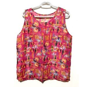 Vintage 80s Silk 100% Funky Print Tank Shell Sleeveless Pjnk Multicolour M/L